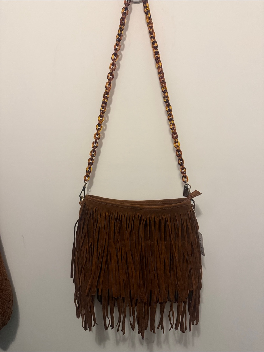 Brown Fringe Crossbody Bag with Tortoiseshell Chain Strap